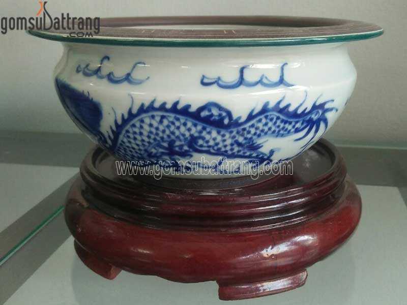 Bát hương dáng lựu Rồng chầu mặt nguyệt vẽ tay cổ tặng đế gỗ