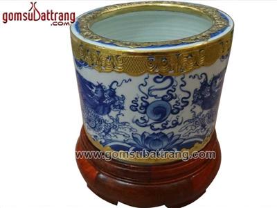 Bát hương men ngọc 18cm vẽ rồng vuốt tay bọc đồng cao cấp 