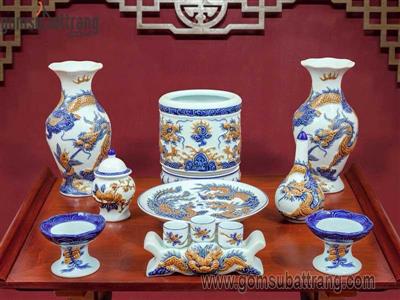 Bộ đồ thờ men ngọc đắp nổi cao cấp cho ban thờ chung cư treo tường 