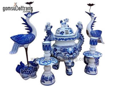 Bộ đỉnh thờ men trắng lam 40cm cao cấp Bát Tràng sang trọng 