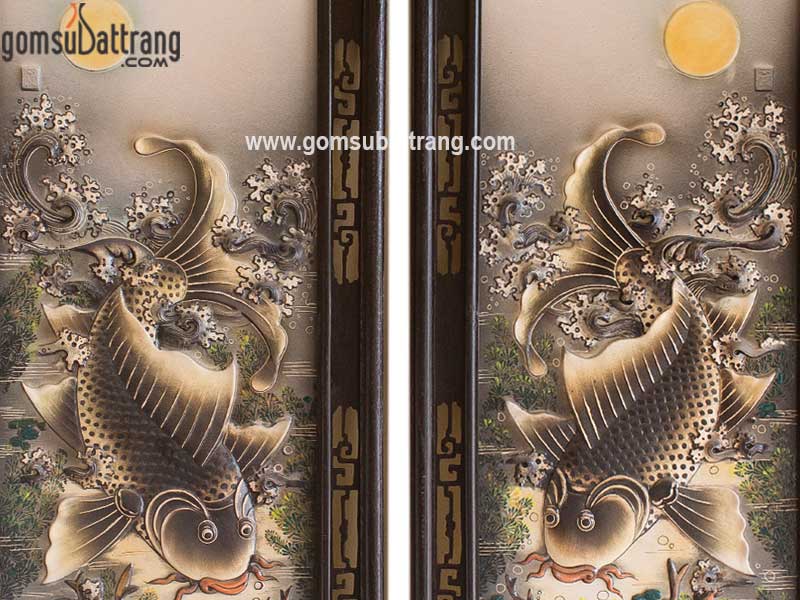 Tranh đắp nổi Lý ngư vọng nguyệt màu sắc tinh tế sang trọng