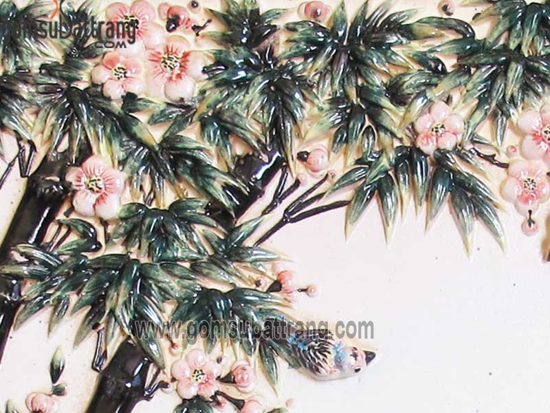 Tranh sứ đắp nổi Trúc Mai Giai Lão Hồng đẹp độc đáo trang trí