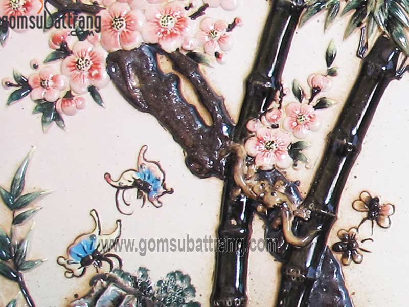 Tranh sứ đắp nổi Trúc Mai Giai Lão Hồng đẹp độc đáo trang trí