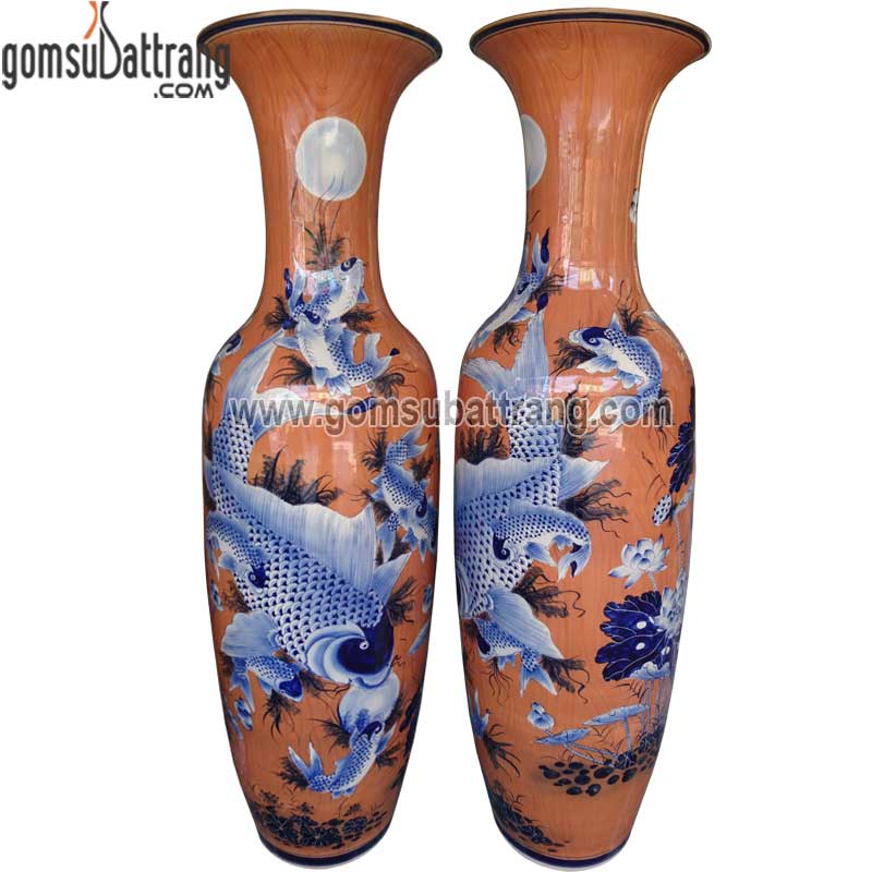 Lọ lộc bình cửu ngư vọng nguyệt men vân gỗ sang trọng cao cấp