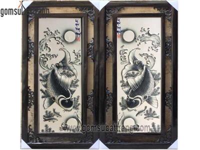 Tranh lý ngư vọng nguyệt men đen đắp nổi 105x50cm quà tặng tinh tế 