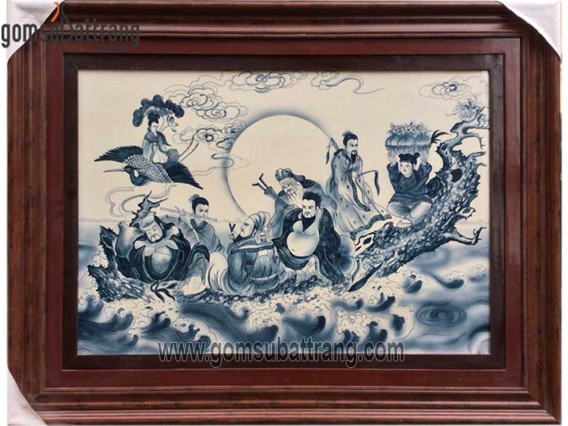 Tranh Bát Tiên Quá Hải men chàm cổ 150x115cm tăng vượng khí