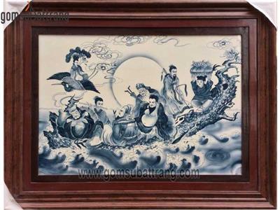 Tranh Bát Tiên Quá Hải men chàm cổ 150x115cm tăng vượng khí 
