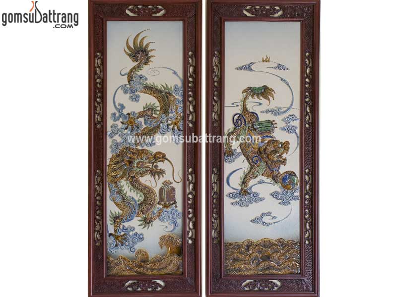 Tranh sứ tứ linh đắp nổi men tam thái bộ 4 kích thước lớn