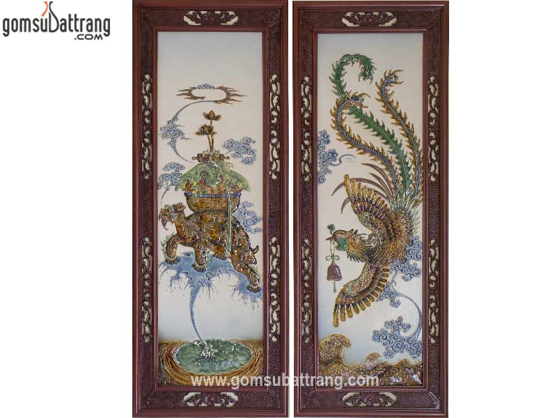Tranh sứ tứ linh đắp nổi men tam thái bộ 4 kích thước lớn
