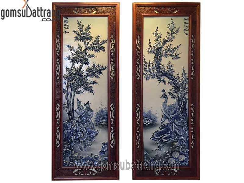 Tranh tứ quý đắp nổi gỗ Gụ cao 125cm rộng 48cm trang trí sang