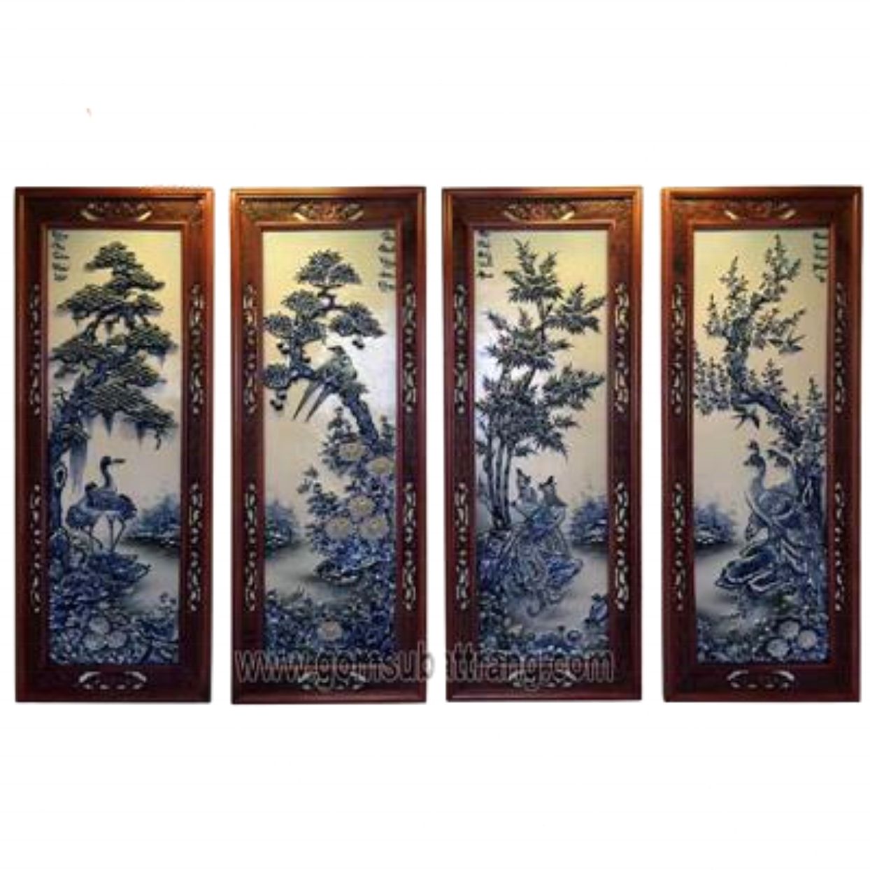 Tranh tứ quý đắp nổi gỗ Gụ cao 125cm rộng 48cm trang trí sang 