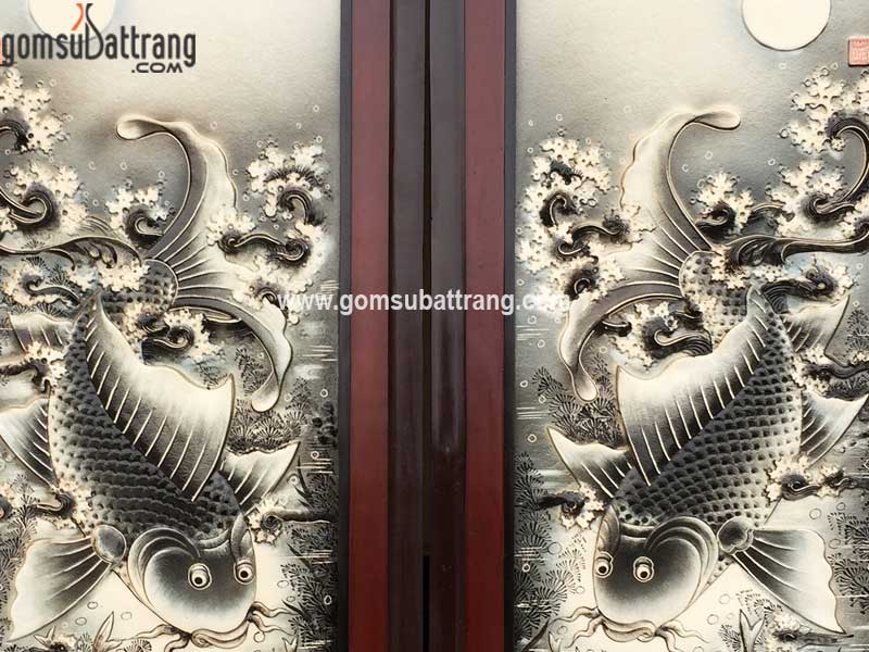 Tranh Lý Ngư Vọng Nguyệt đắp nổi đen trắng sang trọng