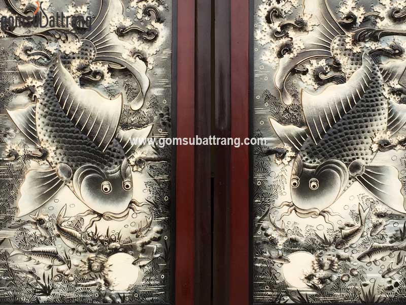 Tranh Lý Ngư Vọng Nguyệt đắp nổi đen trắng sang trọng