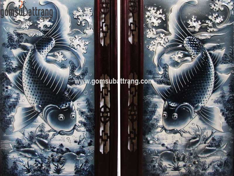 Tranh lý ngư vọng nguyệt đắp nổi tràm xanh sang trọng đẹp