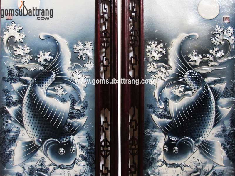 Tranh lý ngư vọng nguyệt đắp nổi tràm xanh sang trọng đẹp