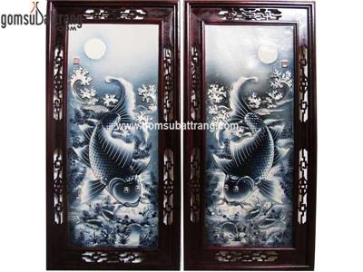 Tranh lý ngư vọng nguyệt đắp nổi tràm xanh sang trọng đẹp 