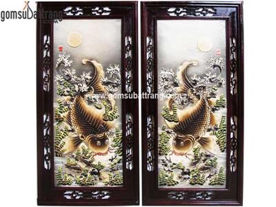 Tranh lý ngư vọng nguyệt đắp nổi thủ công màu sắc sống động trang trí phòng 