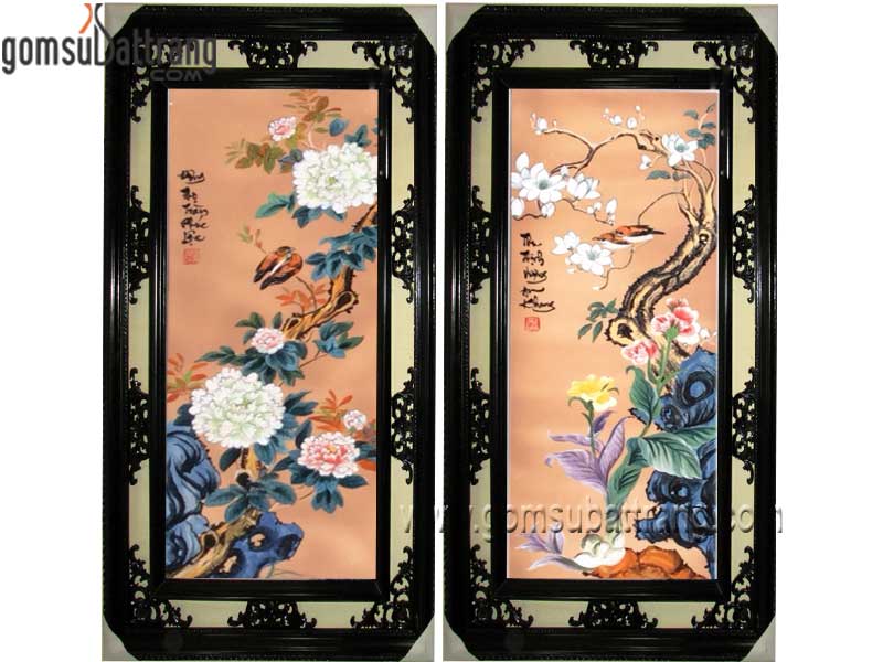 Tranh tứ quý treo tường vẽ kỹ bộ 4 bức khung gỗ cao cấp