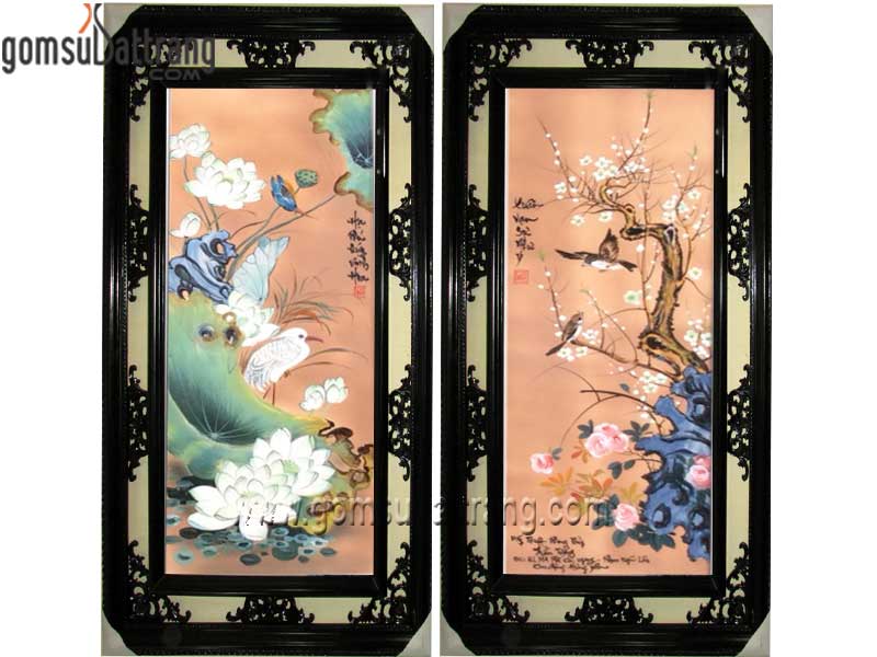 Tranh tứ quý treo tường vẽ kỹ bộ 4 bức khung gỗ cao cấp