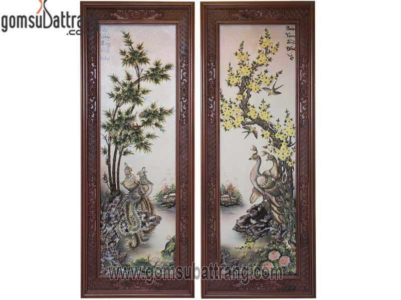 Bộ tranh tứ quý đắp nổi 4 bức 128x48cm Khung gỗ gụ sang trọng