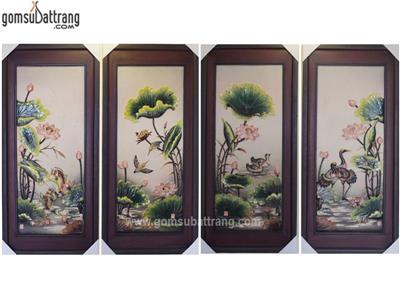 Bộ tranh sứ phú quý trường thọ đắp nổi xanh hồng sang trọng đẹp 