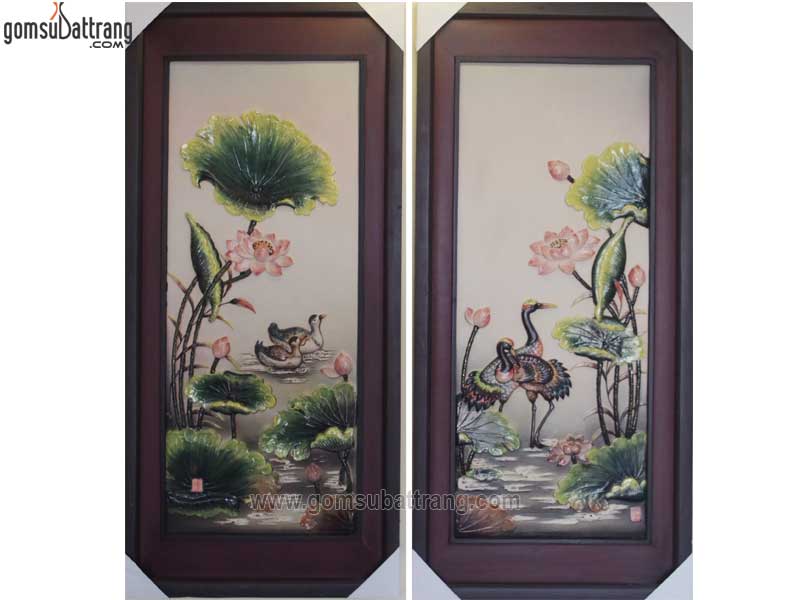 Bộ tranh sứ phú quý trường thọ đắp nổi xanh hồng sang trọng đẹp