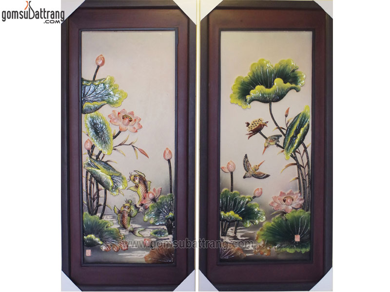 Bộ tranh sứ phú quý trường thọ đắp nổi xanh hồng sang trọng đẹp