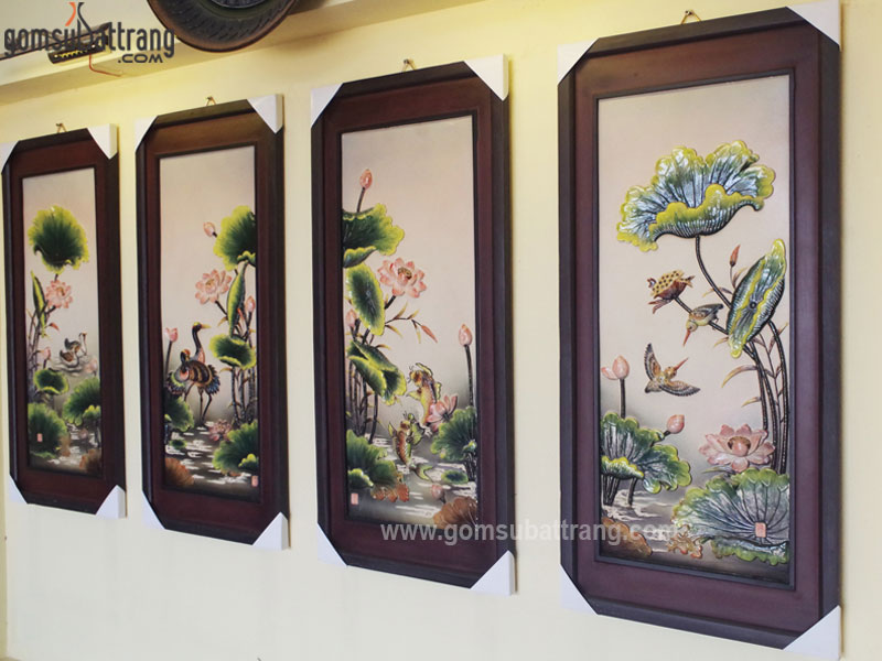 Bộ tranh sứ phú quý trường thọ đắp nổi xanh hồng sang trọng đẹp