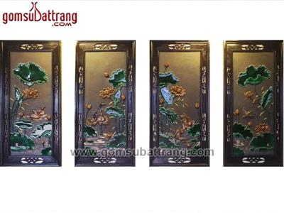 Bộ tranh sứ đắp nổi Phú Quý Trường Thọ khung gỗ, màu nâu xanh cao cấp 