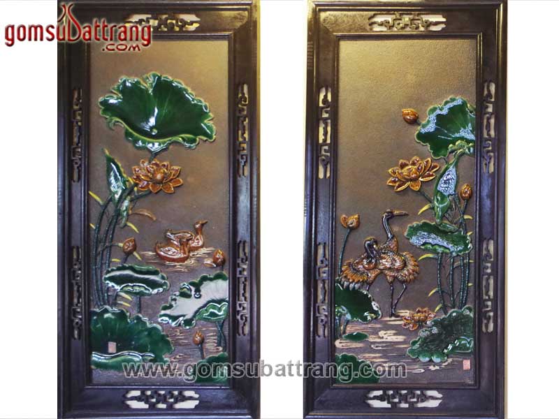 Bộ tranh sứ đắp nổi Phú Quý Trường Thọ khung gỗ, màu nâu xanh cao cấp