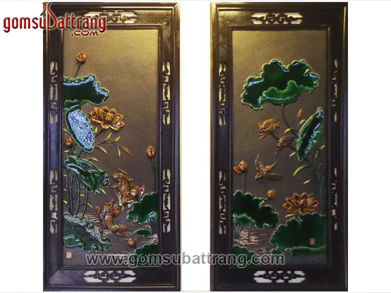 Bộ tranh sứ đắp nổi Phú Quý Trường Thọ khung gỗ, màu nâu xanh cao cấp