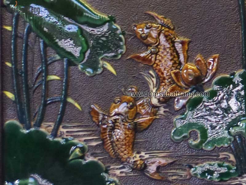 Bộ tranh sứ đắp nổi Phú Quý Trường Thọ khung gỗ, màu nâu xanh cao cấp