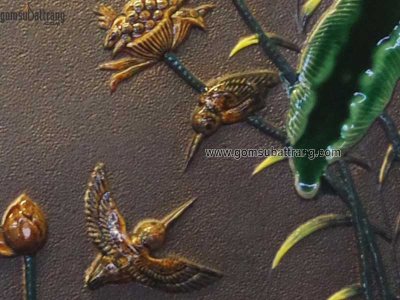 Bộ tranh sứ đắp nổi Phú Quý Trường Thọ khung gỗ, màu nâu xanh cao cấp