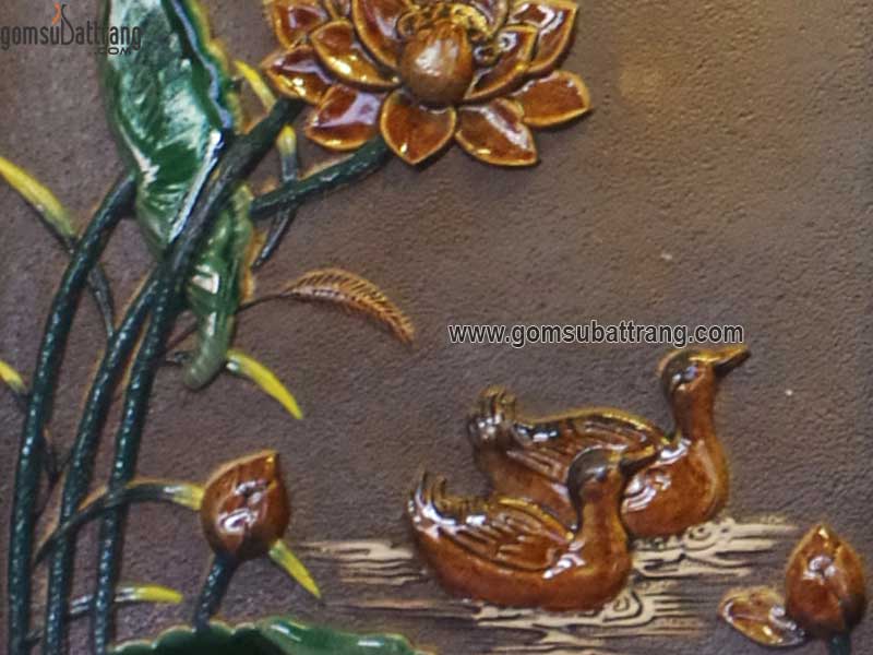 Bộ tranh sứ đắp nổi Phú Quý Trường Thọ khung gỗ, màu nâu xanh cao cấp