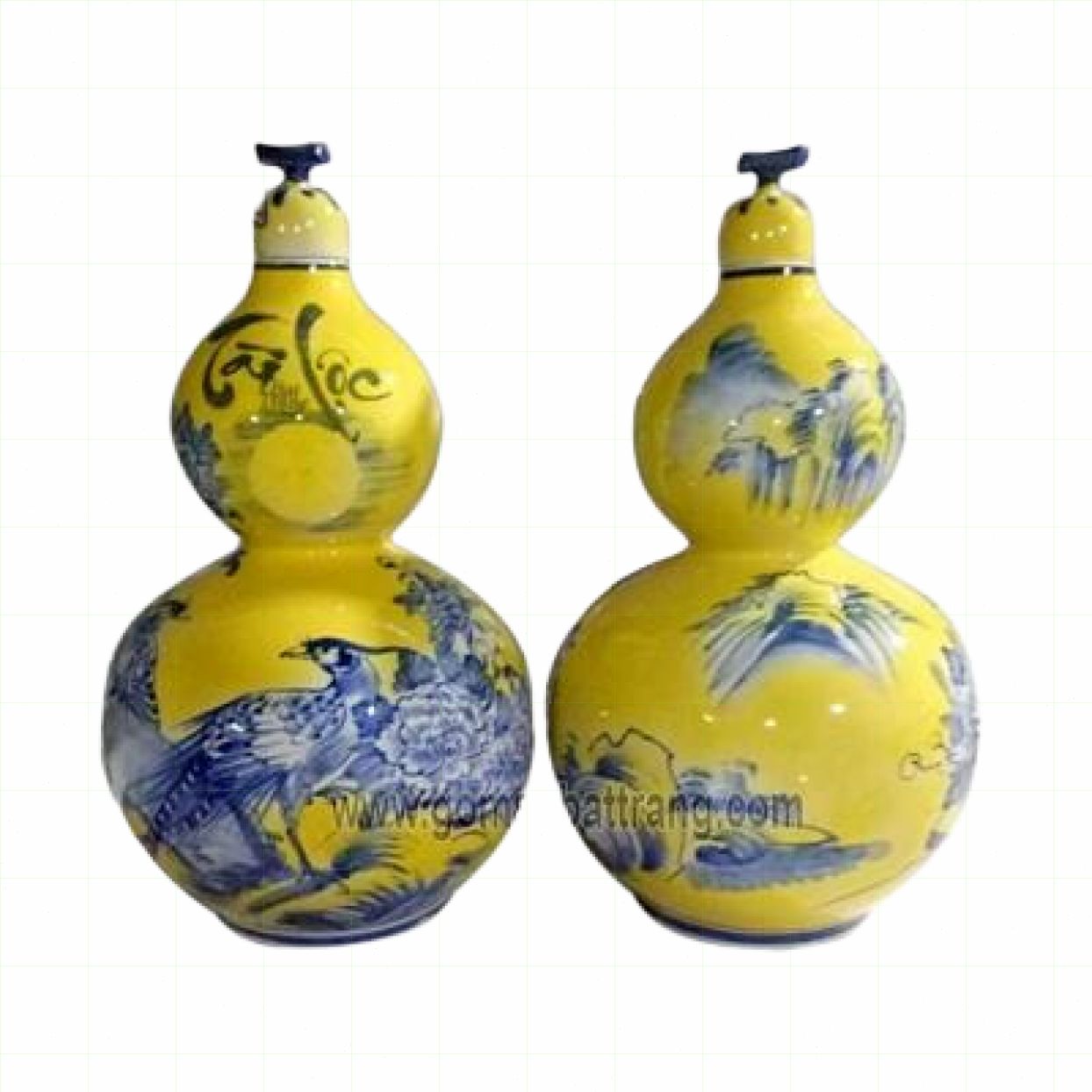 Hồ lô tài lộc men vàng vẽ công phù dung đẹp sang 