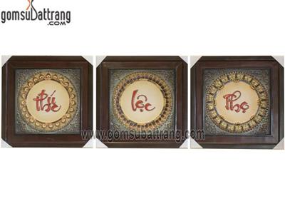 Tranh đắp nổi Phúc Lộc Thọ khung gỗ thông sang trọng 3 bức decor 