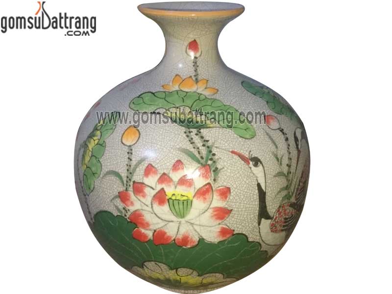 Bình tài lộc men rạn cổ sen hạc phong thủy cao cấp