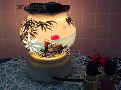 Đèn lựu trung vẽ cảnh quê đò chiều ấm áp trang trí 