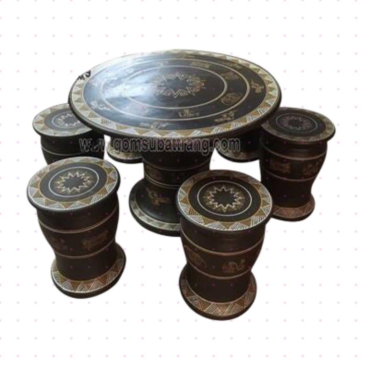 Bàn ghế gốm 6 đôn trống đồng nâu bộ decor sang trọng 