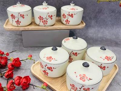Bộ khay mứt kẹo tròn sứ men vẽ đào hồng 4 chiếc đẹp 