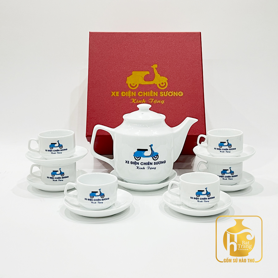Bộ ấm chén trắng vuông cao 650ml ACT03 sang trọng quà tặng 
