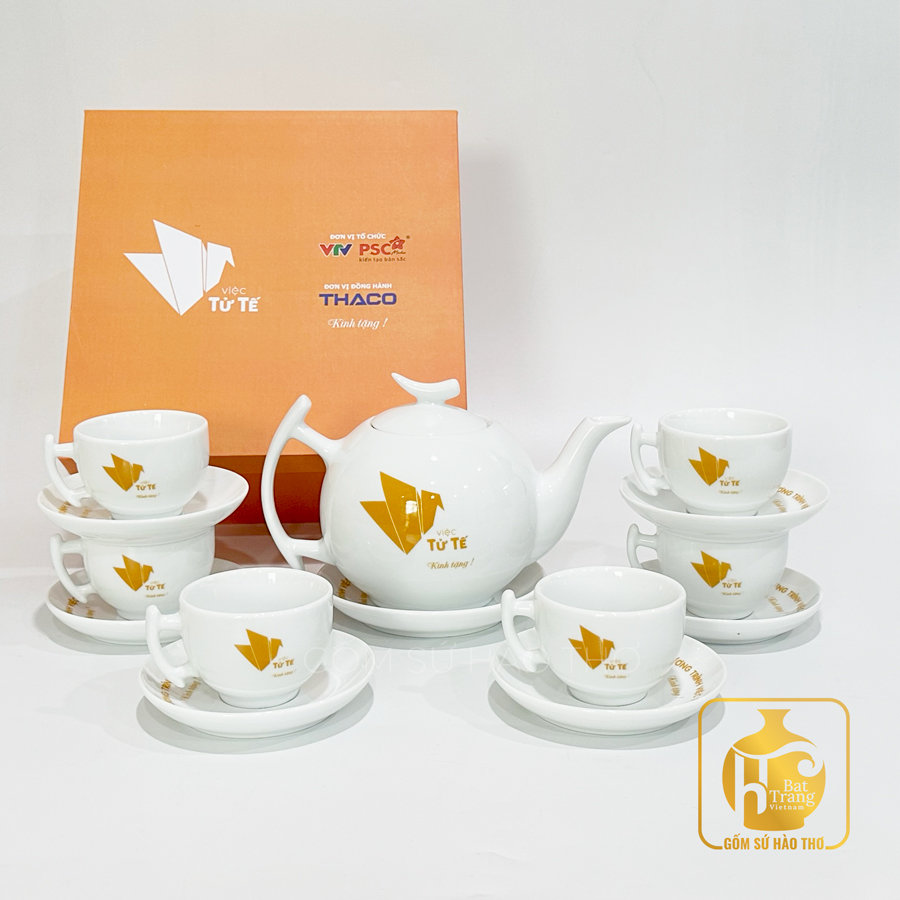 Bộ ấm chén trắng bưởi cành ACT04 650ml sang trọng quà tặng 