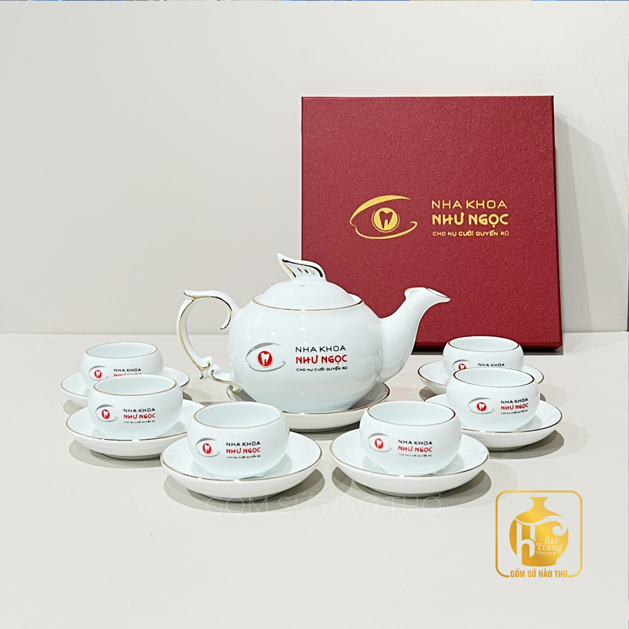 Bộ ấm chén công phượng VK ACVK17 500ml men trắng sang trọng quà tặng 