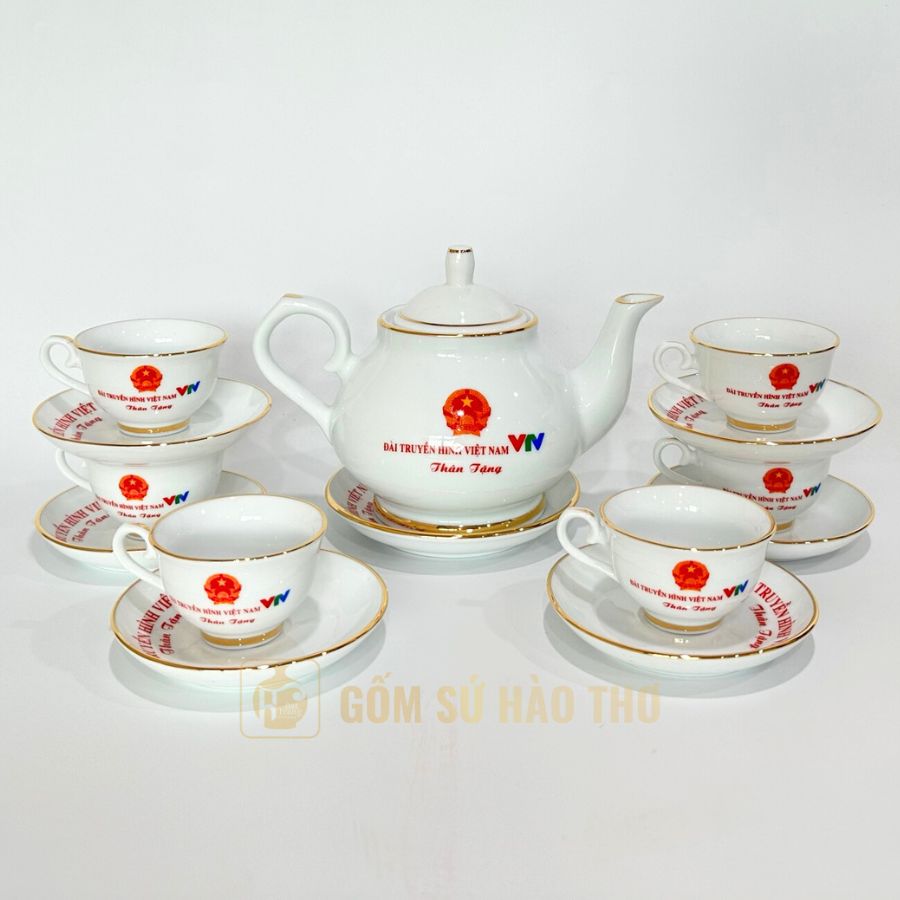 Bộ ấm chén men trắng vàng kim 24k 650ml quà tặng sang trọng 