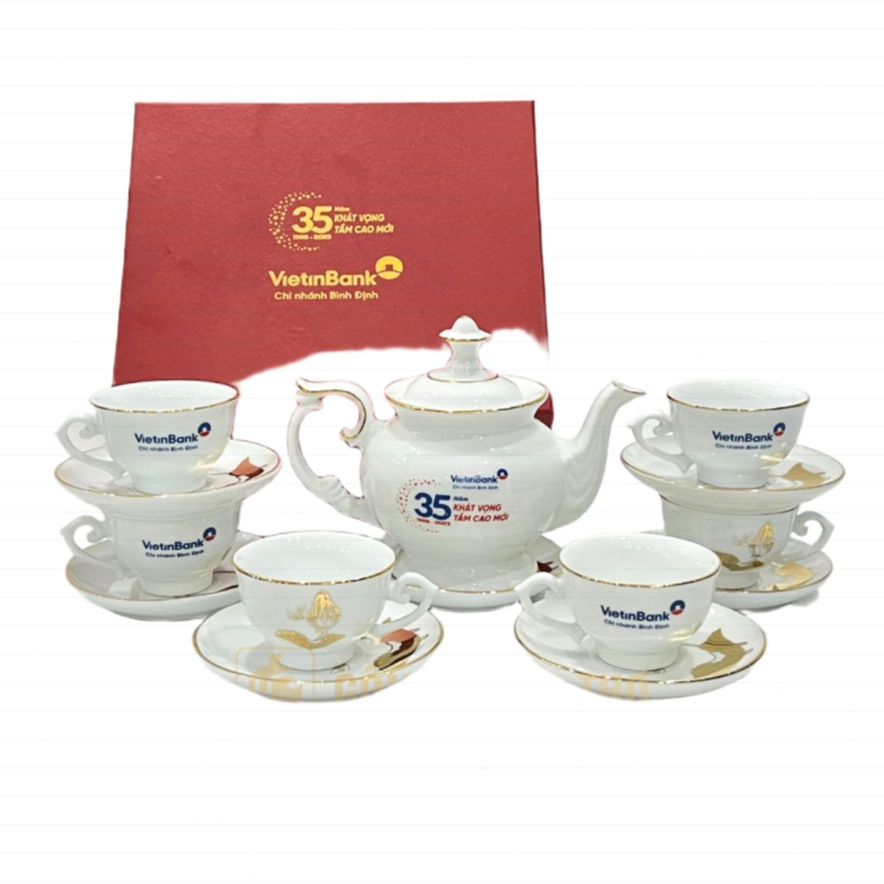 Bộ ấm chén Phú Quý men trắng 24k cao cấp, quà tặng sang trọng 