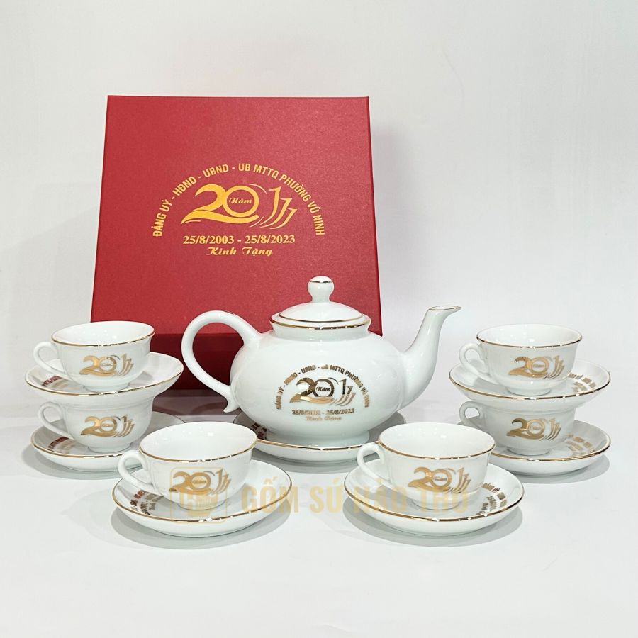 Bộ ấm chén Thiên An men trắng vàng kim 24k quà tặng ý nghĩa 