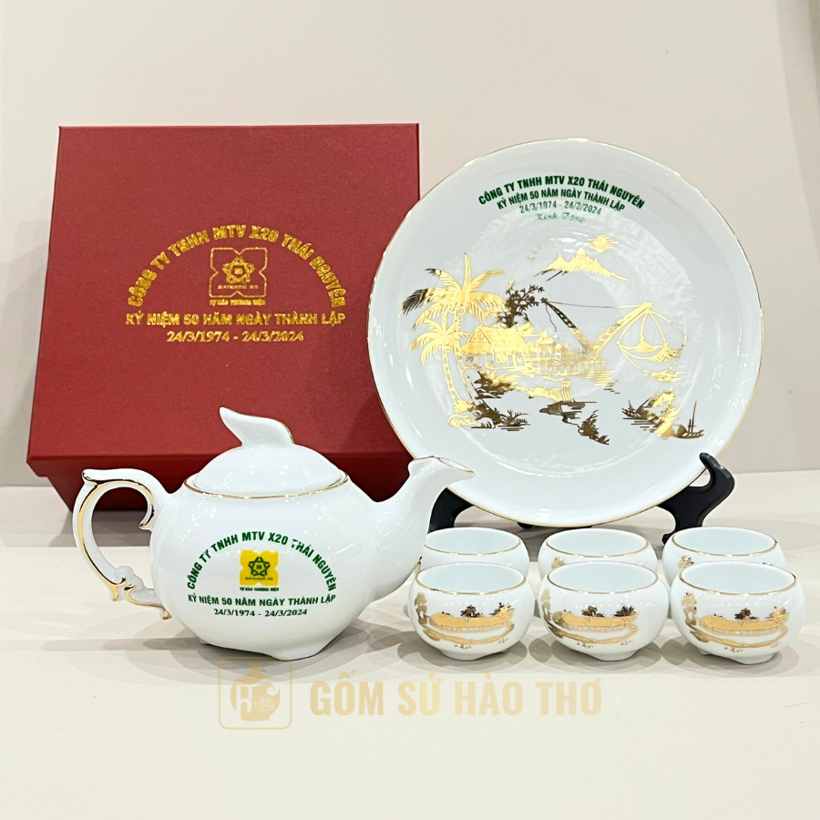 Bộ ấm chén Công Phượng 500ml men trắng sang trọng quà tặng ý nghĩa 