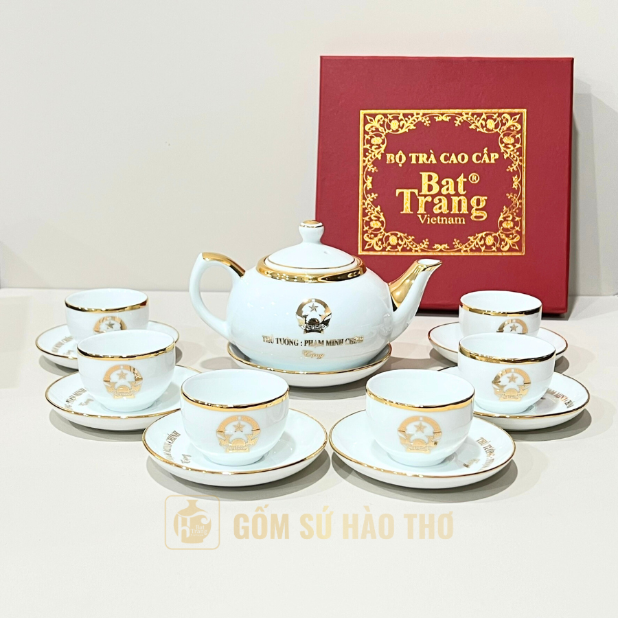 Bộ ấm chén men trắng vàng kim 24k Bát Tràng ACVK26B Quà tặng sang trọng 
