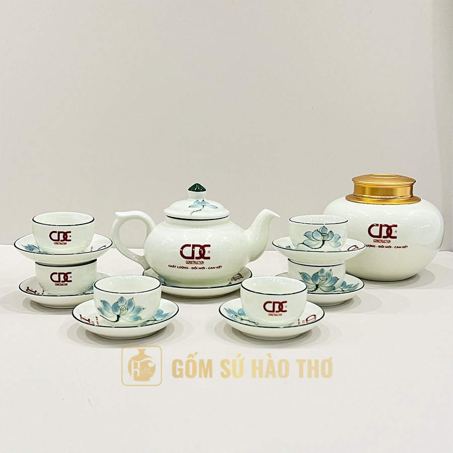 Ấm chén men kem hoa sen xanh bộ 13 món quà tặng sang trọng Bát Tràng 