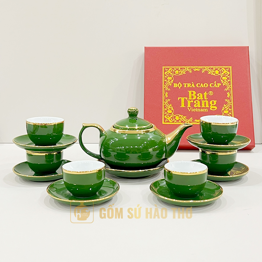 Bộ ấm chén gốm sứ dệt rêu vàng sang trọng quà tặng đẹp 